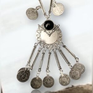 Boho Coin Necklace.- Silver w black stone.